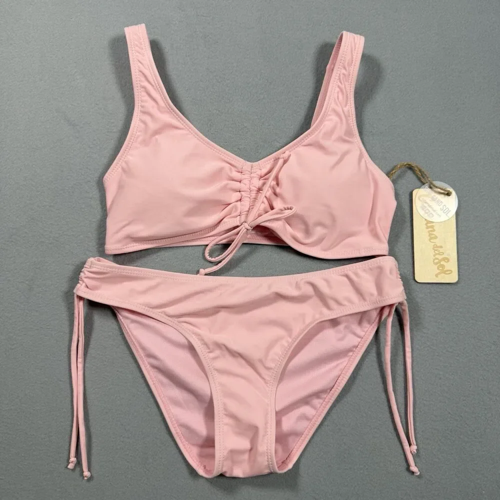 Cabana del Sol Pink Bikini Set Small NWT Ruched Tie Side Swimsuit NEW